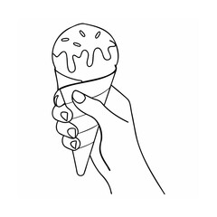 Handdrawn line art of ice cream cone with sprinkles held by a hand on holding