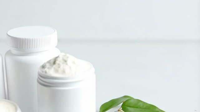 White protein powder in unlabeled containers with leaves, showcasing nutrition and supplements. Minimalist design for health ads.