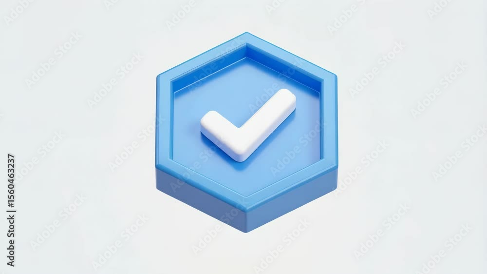 Poster rendered blue hexagon with a white checkmark on a white background, representing validation and appr
