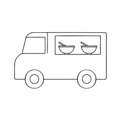 Outline food truck with two bowls spoons in the serving window vehicle