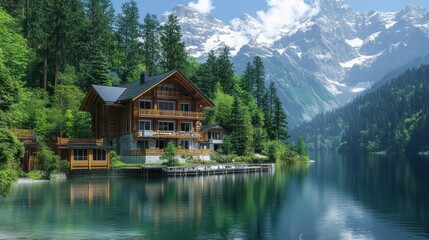 Fototapeta premium Secluded Log Cabin Retreat on a Tranquil Lake