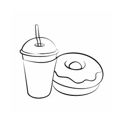 Handdrawn of a drink in a cup with a straw a donut on a food