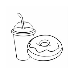 Handdrawn of a donut a drink with a straw on a doughnut