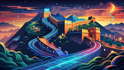 Obraz premium The Great Wall of China glows under the night sky, illuminated with flowing digital data along its ancient path—a breathtaking fusion of history, light, and futuristic technology in perfect harmony.