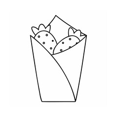 Handdrawn of a wrapped food item with two strawberry-like shapes visible burrito