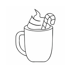Handdrawn of a mug with whipped cream a candy cane on drink beverage