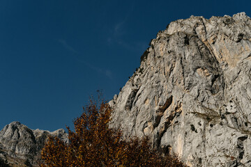 Sharp ridges and colorful forested slopes of the Prokletije mountains in autumn, captured in warm...