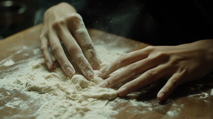 Hands Kneading Dough on Wooden Surface