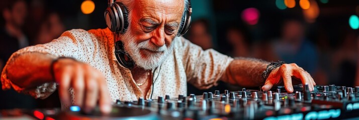 Senior DJ mixing music at a vibrant club, focused and skilled.