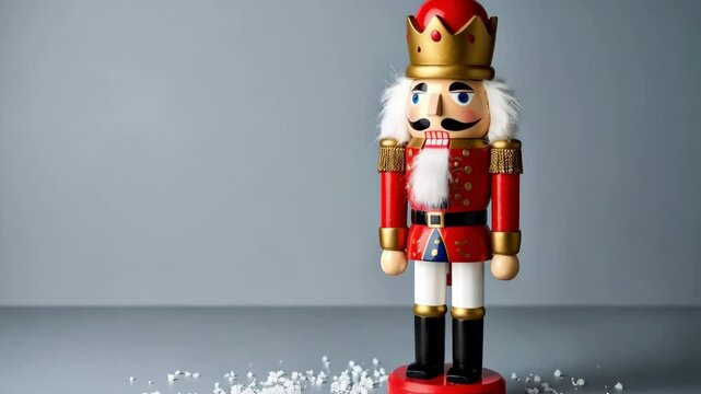 Classic wooden nutcracker toy in bright red uniform with golden crown standing on grey surface, holiday season and festive decorations, Christmas spirit