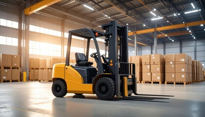 Forklift in Warehouse Under Soft Ambient Glow During Sandstorm Scene