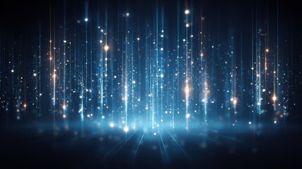 A futuristic digital landscape with glowing vertical lines and particles creating a sense of data flow and connectivity in a dark blue environment.