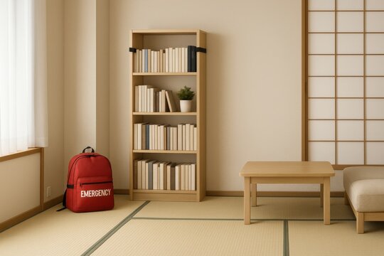Earthquake-Ready Minimal Tatami Room with Emergency Backpack