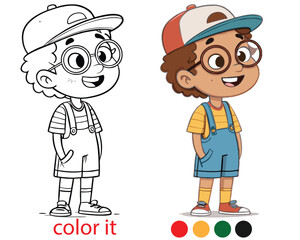 Smiling Cartoon Boy in Overalls and Cap – Friendly Young Boy Character in Bright, Whimsical Style