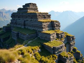 "A high mountain ridge where natural erosion has exposed horizontal stone layers stacked like books, each ledge catching low-angle sunlight while casting soft shadows on scattered alpine grass patches