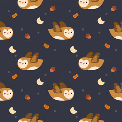 Owl fly cartoon so cute. On leaf acorn moon blue background. Pattern seamless vector illustration. 