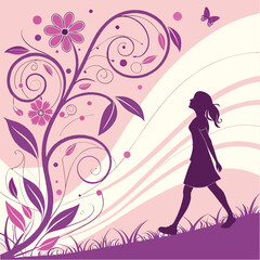 loral Vector Background with Woman Silhouette Walking – Pink Decorative Nature Design