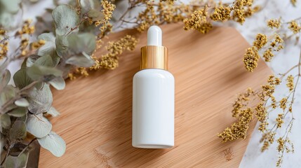 White face essence bottle on light wood background, minimalist style, attention to texture and detail, blurred beige wood surface, text or advertising space.