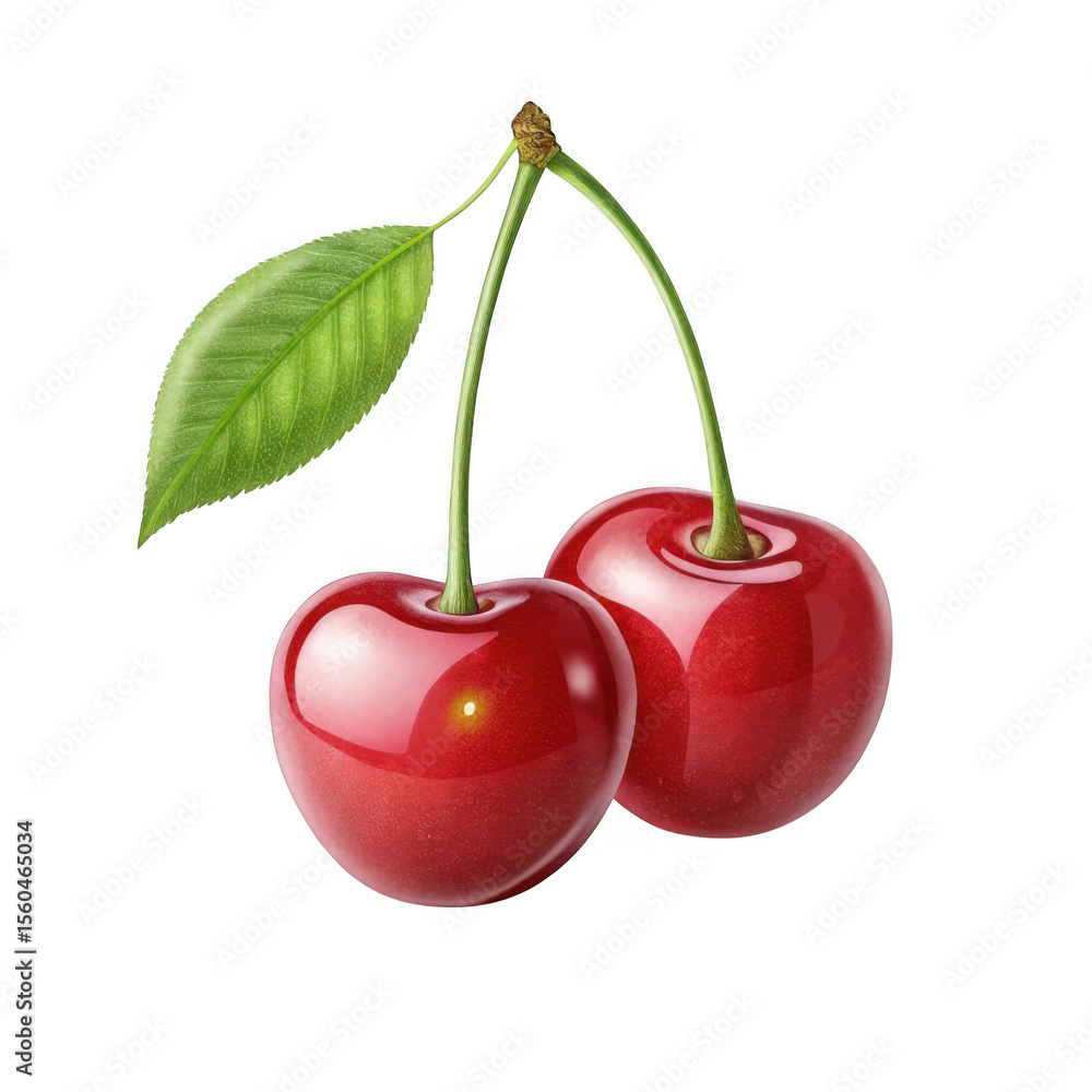 Poster 3d realistic red cherries with leaf isolated on transparent background