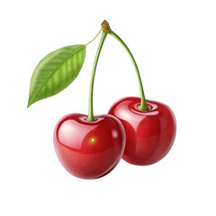3d realistic red cherries with leaf isolated on transparent background