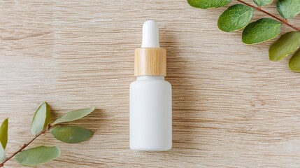 White face essence bottle on light wood background, minimalist style, attention to texture and detail, blurred beige wood surface, text or advertising space.