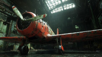 Decaying plane rests in forgotten hangar
