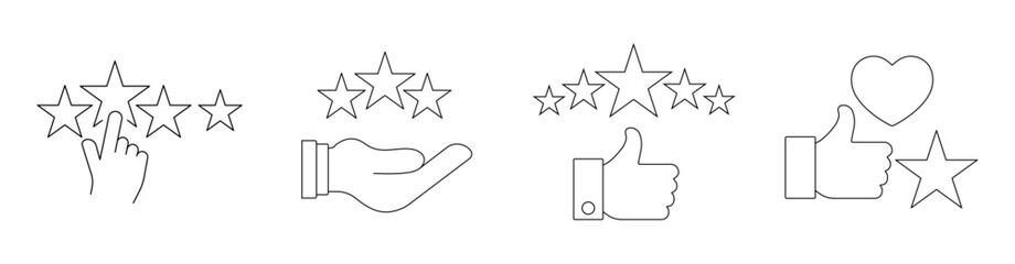 Award and Satisfaction Rating Icons – Star Feedback Symbols with Hand Gesture for Incentives, Benefits, Rewards, and Customer Experience, Transparent PNG and Vector Illustration”