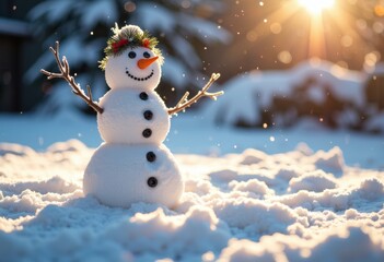 Obraz premium Cheerful snowman with a carrot nose and twig arms standing in snowy landscape during sunset
