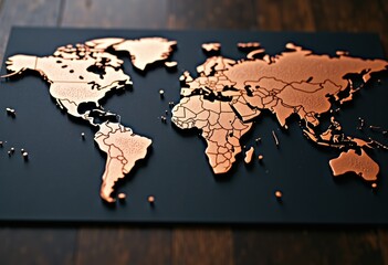 Modern world map with copper-colored continents on a dark background, ideal for travel, geography, or global business themes