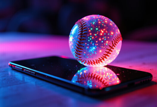 Neon-lit baseball resting on a smartphone with vibrant glowing effects and reflections - Powered by Adobe
