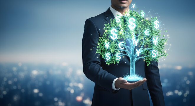 Businessman Holding Virtual Tree with Financial Symbols in Dark Cityscape