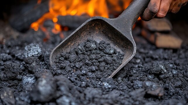 Shovel filled with glowing hot coal by blazing flames - Powered by Adobe
