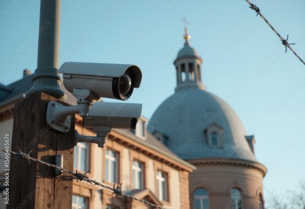 Poster security camera monitoring a historic building with a dome in the background