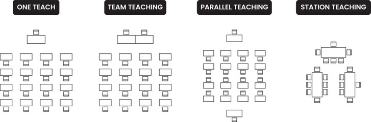 Seat plan icon set,  classroom, top view, chair and table, architectural plan with blueprint, customizable stroke, vector, illustration