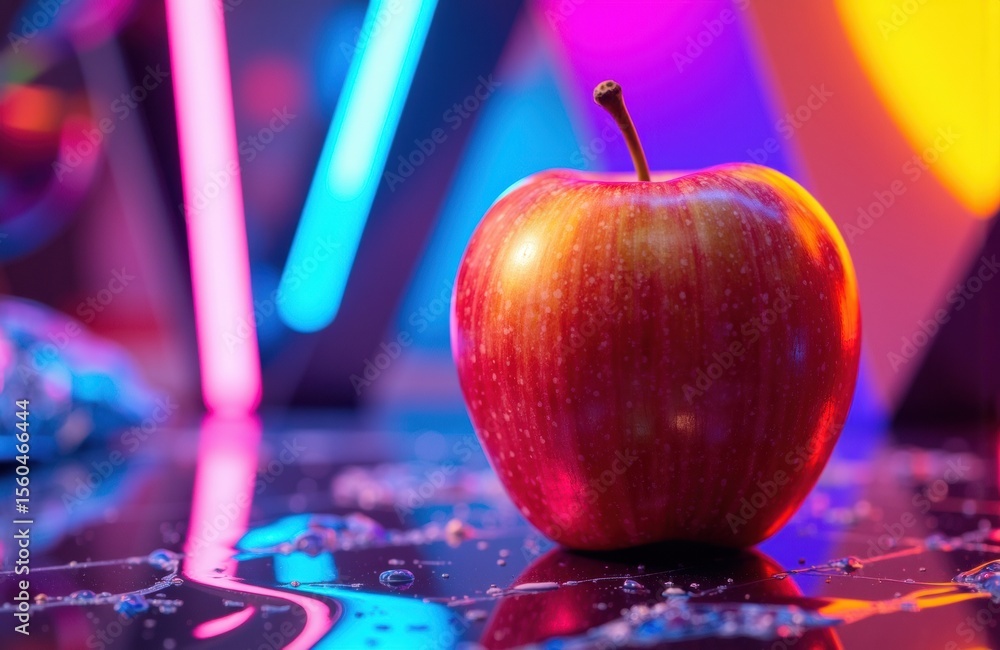 Poster brightly lit red apple with colorful neon lights in the background creating a vibrant atmosphere