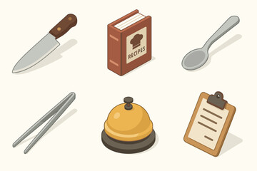 Kitchen tools collection: knife, recipe book, spoon, tweezers, bell, clipboard