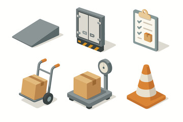 Isometric icons of delivery and logistics tools and equipment