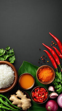A vibrant array of fresh ingredients and spices including chilies, ginger, rice and herbs are artfully arranged on a dark surface ready for delicious cuisine.