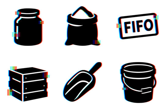 Black and white icons of jar, sack, fifo sign, crate, scoop, bucket