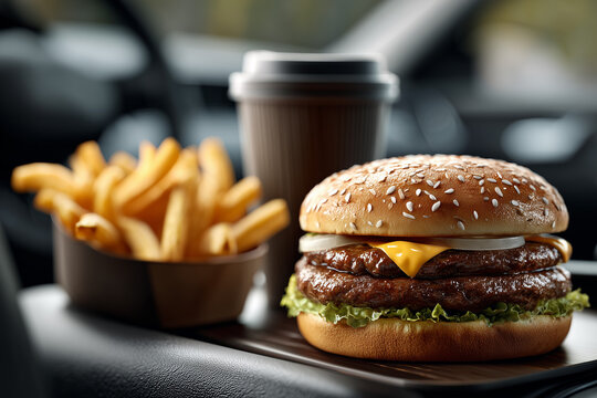 A classic fast-food meal featuring a juicy double burger, crispy fries, and a drink, conveniently placed inside a car, perfect for dining on the go.

