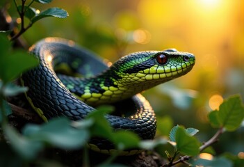 Obraz premium Close-up of a vibrant green and black snake resting among leaves in natural sunlight