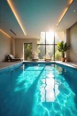 A sparkling indoor swimming pool, sunlight illuminating the water's surface, creating beautiful reflections Clean lines, modern design, perfect for relaxation and recreation , health, luxury, glass