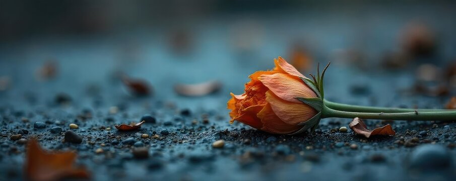 A somber scene depicting a single wilted flower lying on cold, hard ground; symbolic of loss and the fragility of life The image evokes a sense of finality and grief , funeral, autumn, grave