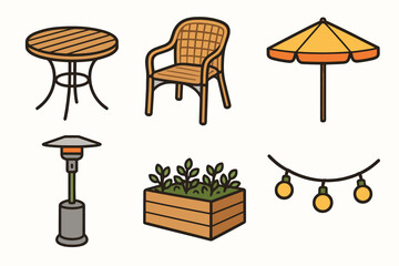 Outdoor patio elements: table, chair, umbrella, heater, planter, string lights