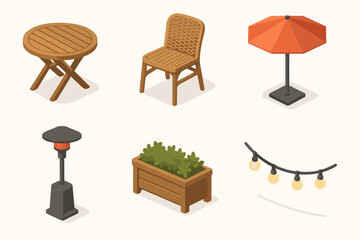 Outdoor furniture and accessories: round table, chair, red umbrella, lamp, planter, string lights