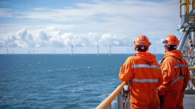 Marine Construction Industry Engineers monitor marine construction activity near energy structures. The sea becomes an active worksite for heavy industry.