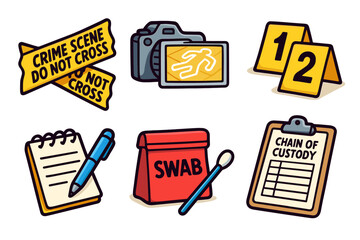 Crime scene elements: tape, camera, evidence markers, notebook, swab, chain of custody