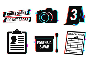 Crime scene investigation icons: camera, evidence marker, swab, log