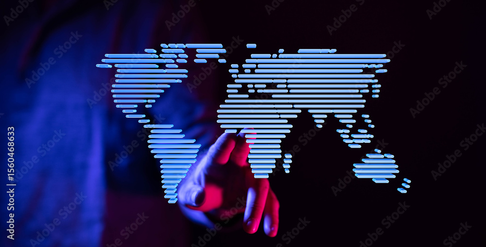 Aufkleber Hand interacting with a digital world map, representing global connectivity and networking.