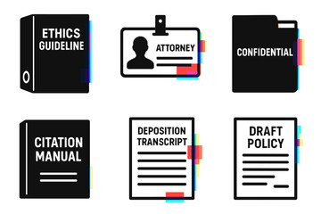 Legal documents icons set: ethics guideline, attorney badge, confidential, citation manual, deposition transcript, draft policy